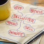 declutter concept (keep, recycle, trash, sell, donate - handwriting on napkin with a cup of coffee
