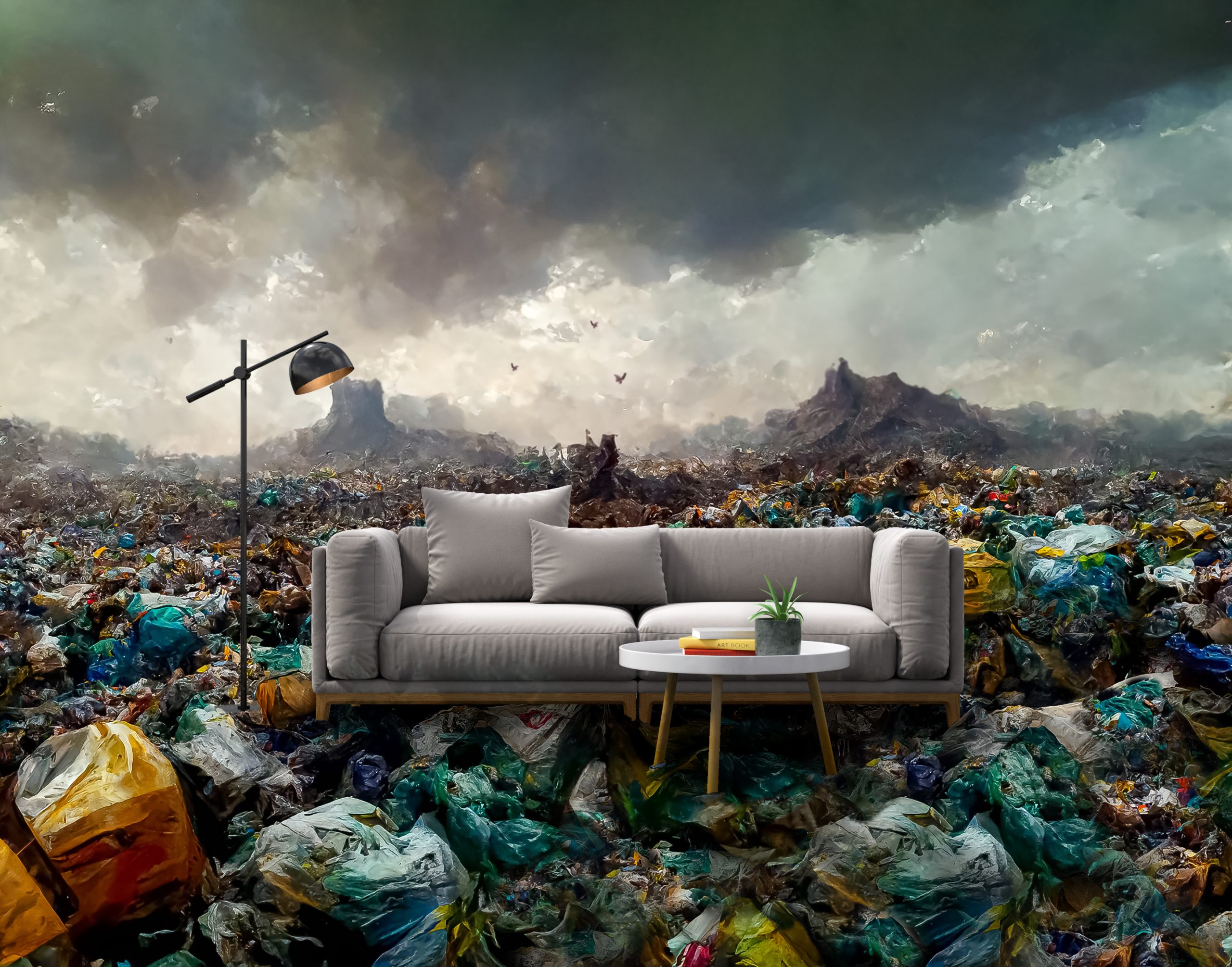 sofa and a coffee table stand on a landfill 3 D rendering