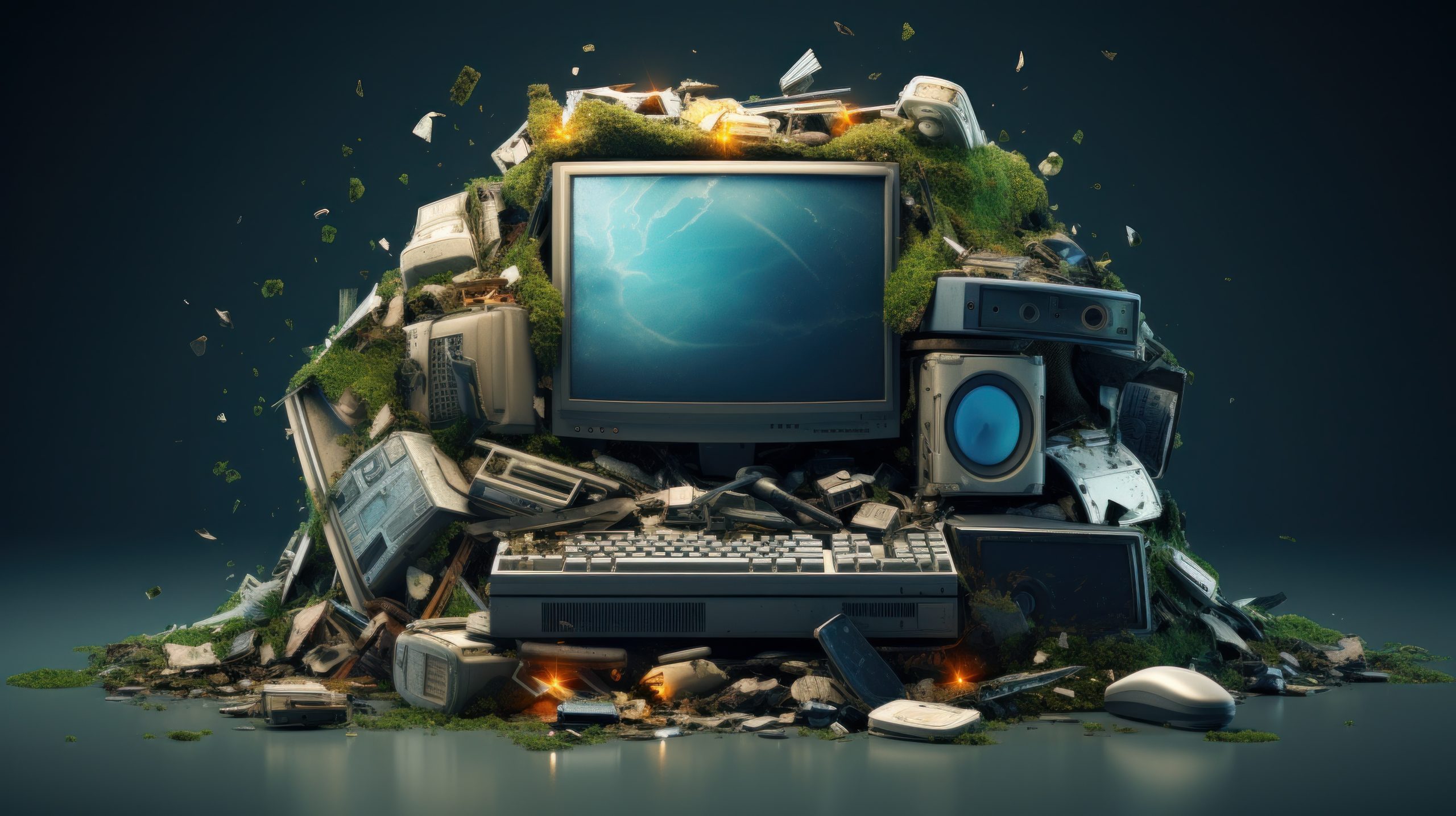 Outdated non-working computer littered with various electronic and household waste. Used equipment requires proper recycling and disposal to maintain ecological balance. Earth Day, ecology concept