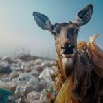 The concept of environmental protection. The problem of environmental pollution. Animals in a landfill. The harm of plastic. Deer on mountains of garbage.