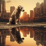A dog sitting in front of devastated city with a puddle in front. Generative AI.
