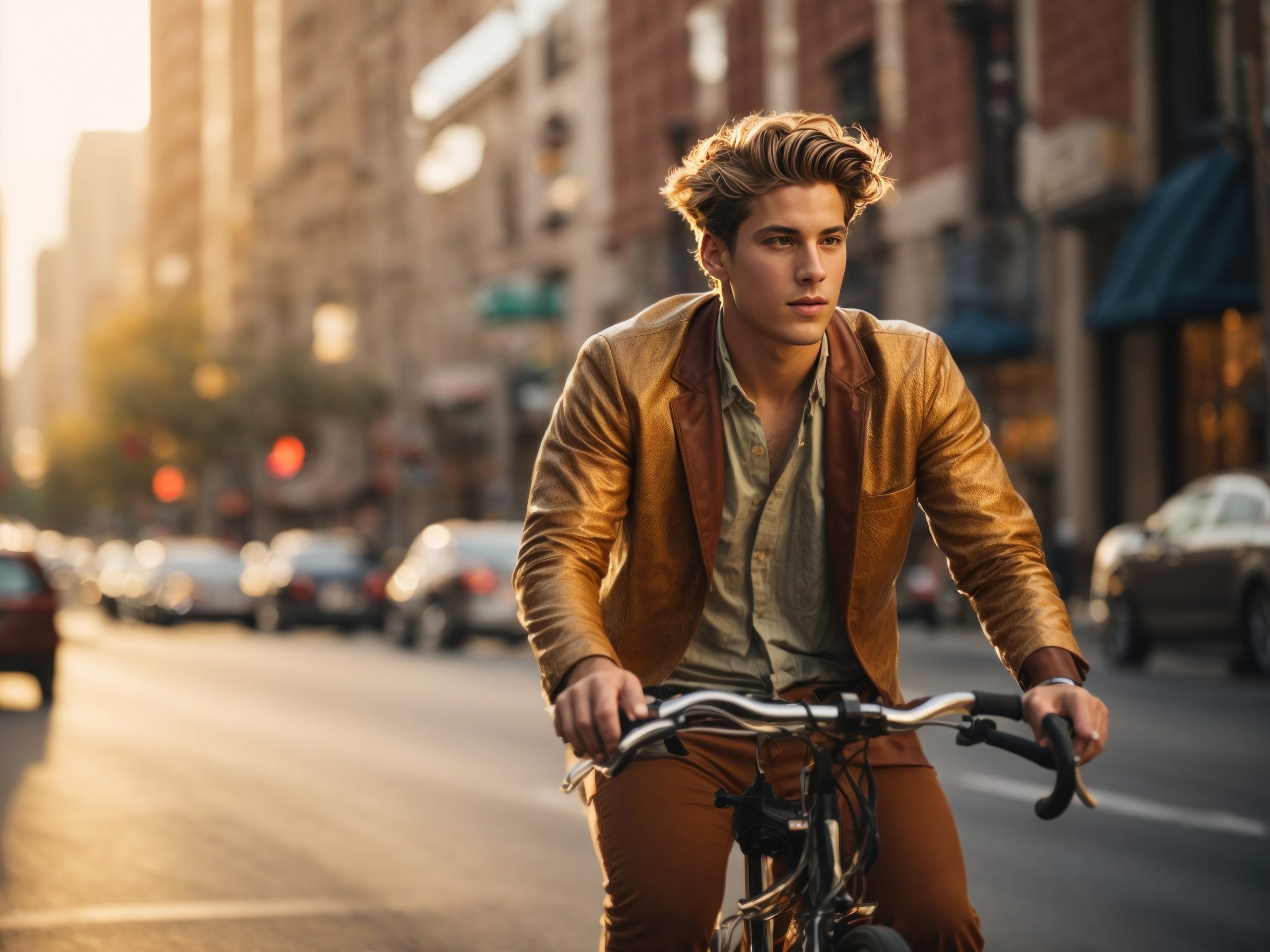 man cycling in the city. golden hour