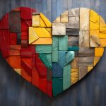 A vivid, rainbow-colored heart painted on weathered wooden planks, symbolizing diversity and love