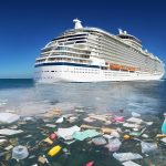 Cruise ship moves into sea with garbage, human traces in nature, global ocean pollution, environmental issues, trash around